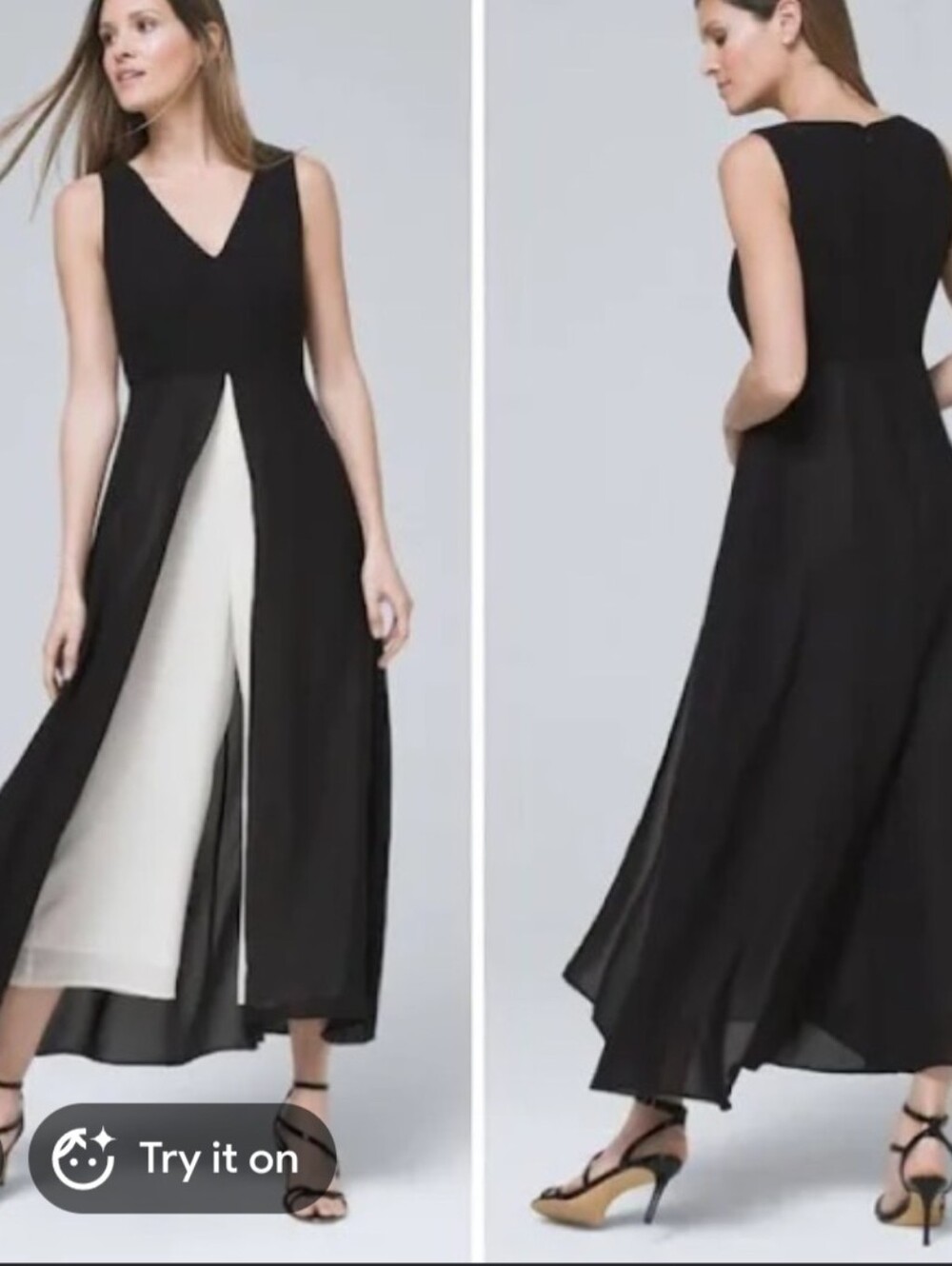 White House Black Market Black & Cream Sleeveless V‑Neck Overlay Jumpsuit